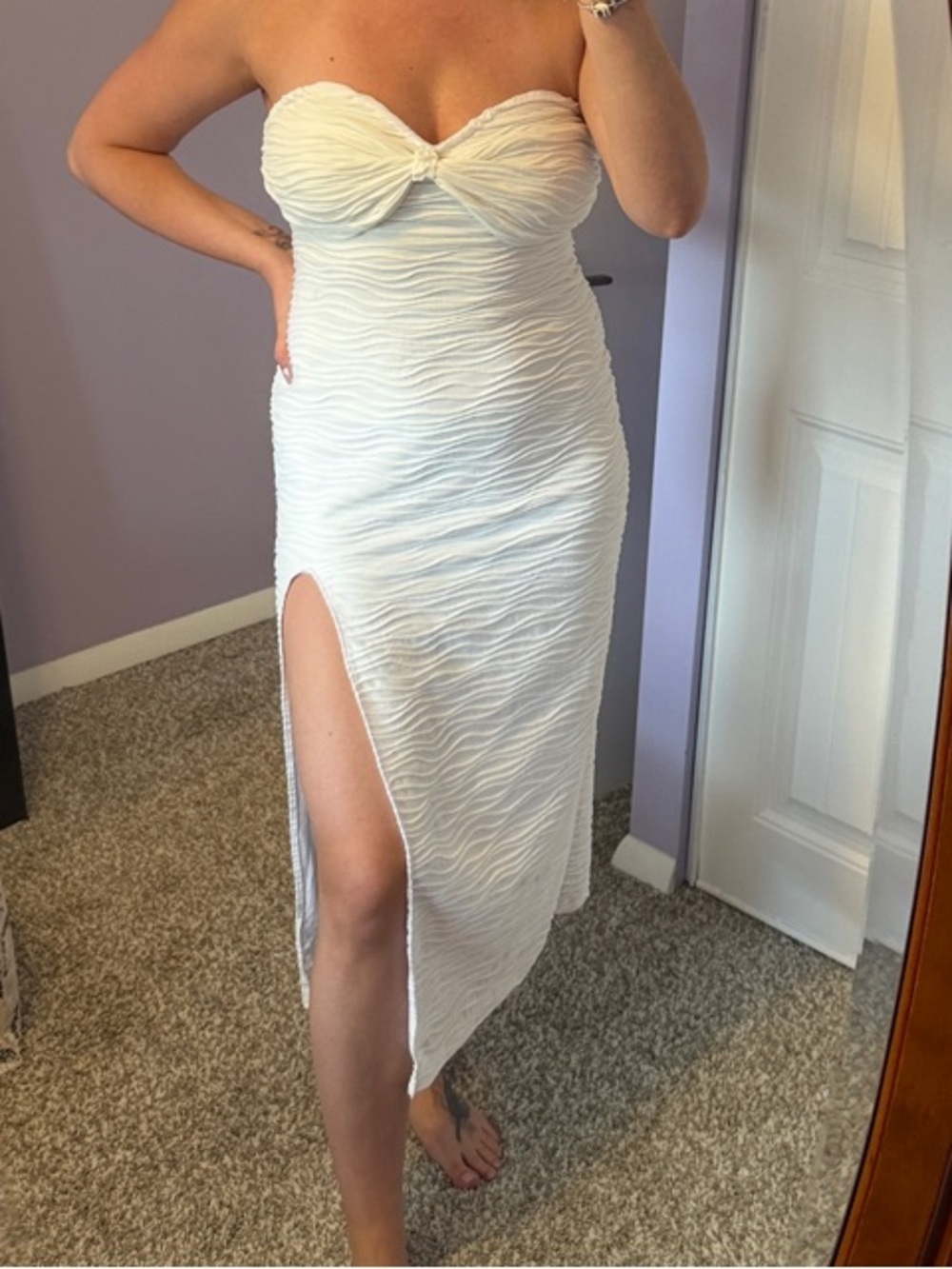 SHEIN White Strapless Ruched Sweetheart Midi Dress with Side Slit